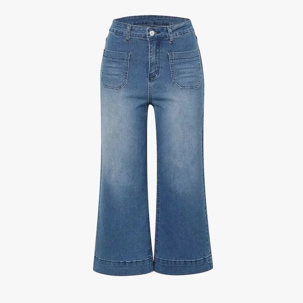 Wide Leg High Waist Loose Fit with Patch Pocket Flared Light Blue Jeans